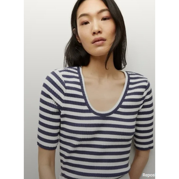 Veronica Beard Navy and White Striped Blouse L - Picture 2 of 6